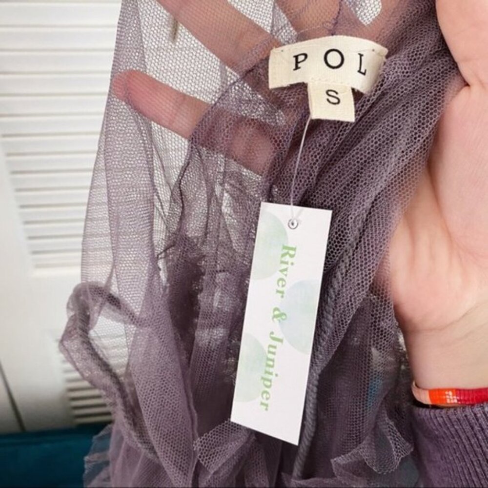 POL | Festival 3/4 Wide Sleeve Sheer Mesh Top Ruffle Hood Tassel Lavender Small - Picture 14 of 15